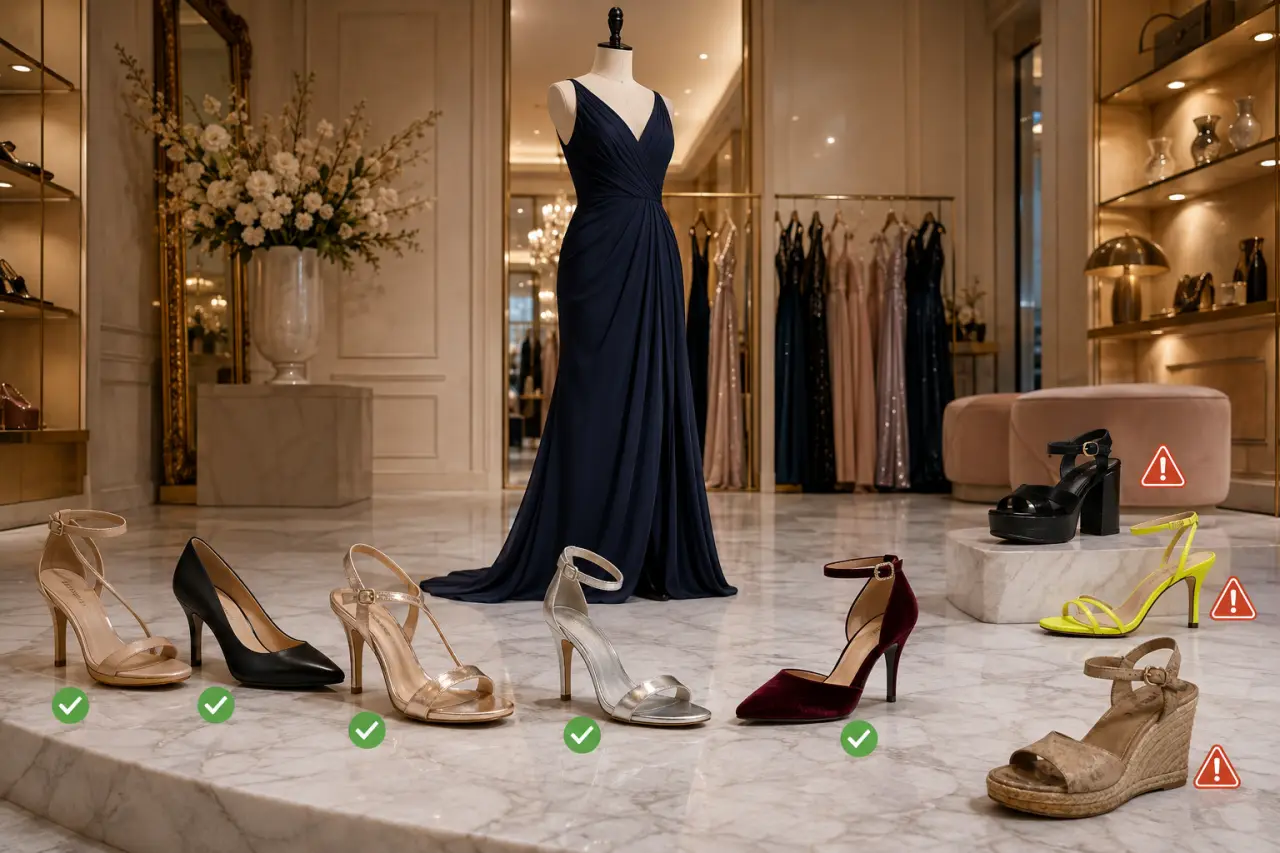 Quelle chaussure avec une robe longue de soirée ? Talon de 7 cm, couleurs sûres et pièges à éviter