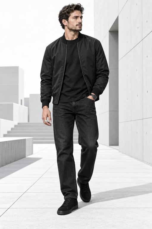 Total look noir homme casual chic avec bomber, jean et sneakers