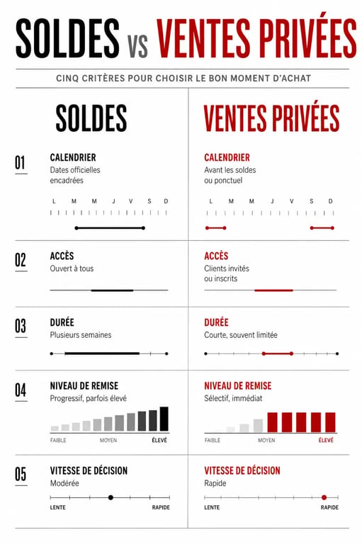 Comparatif soldes et ventes privées avec calendrier, accès, durée et remises