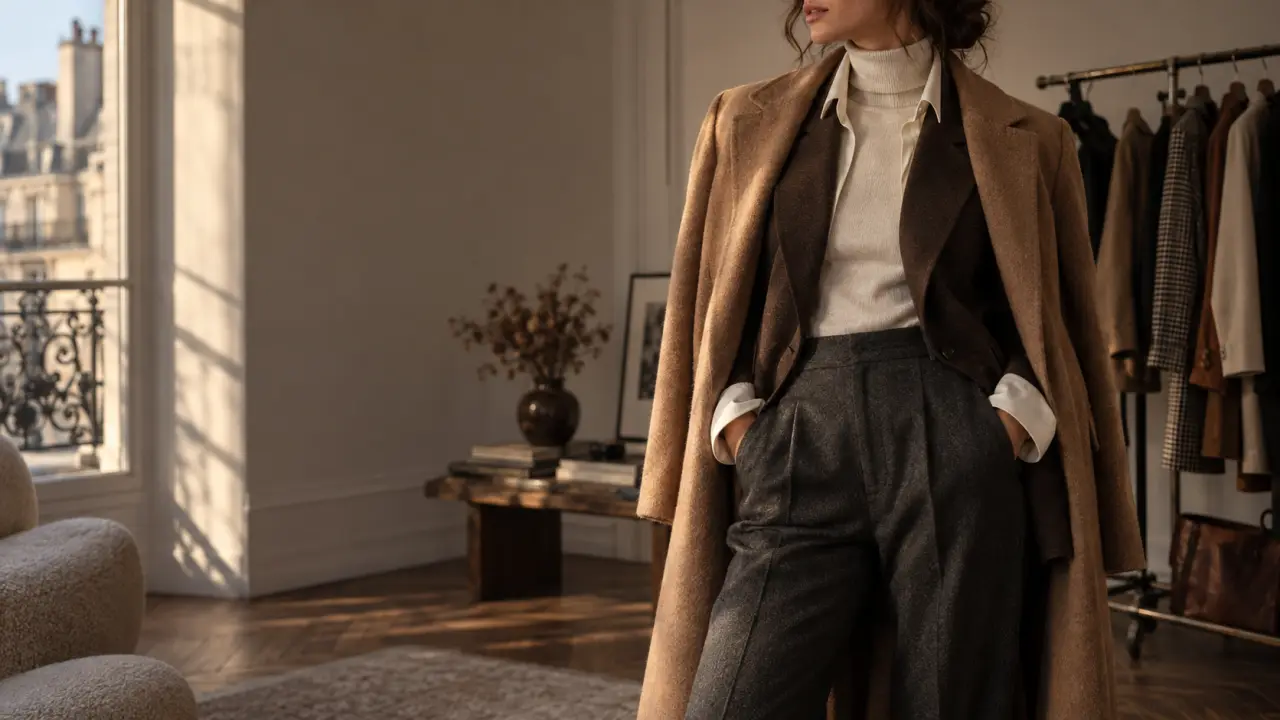 Silhouette féminine en superposition de vêtements vintage aux tons naturels