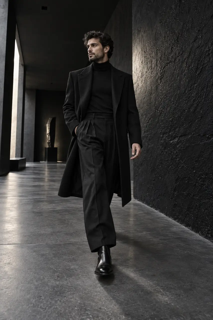 Le total look noir homme gagne en relief avec les bonnes coupes et matières