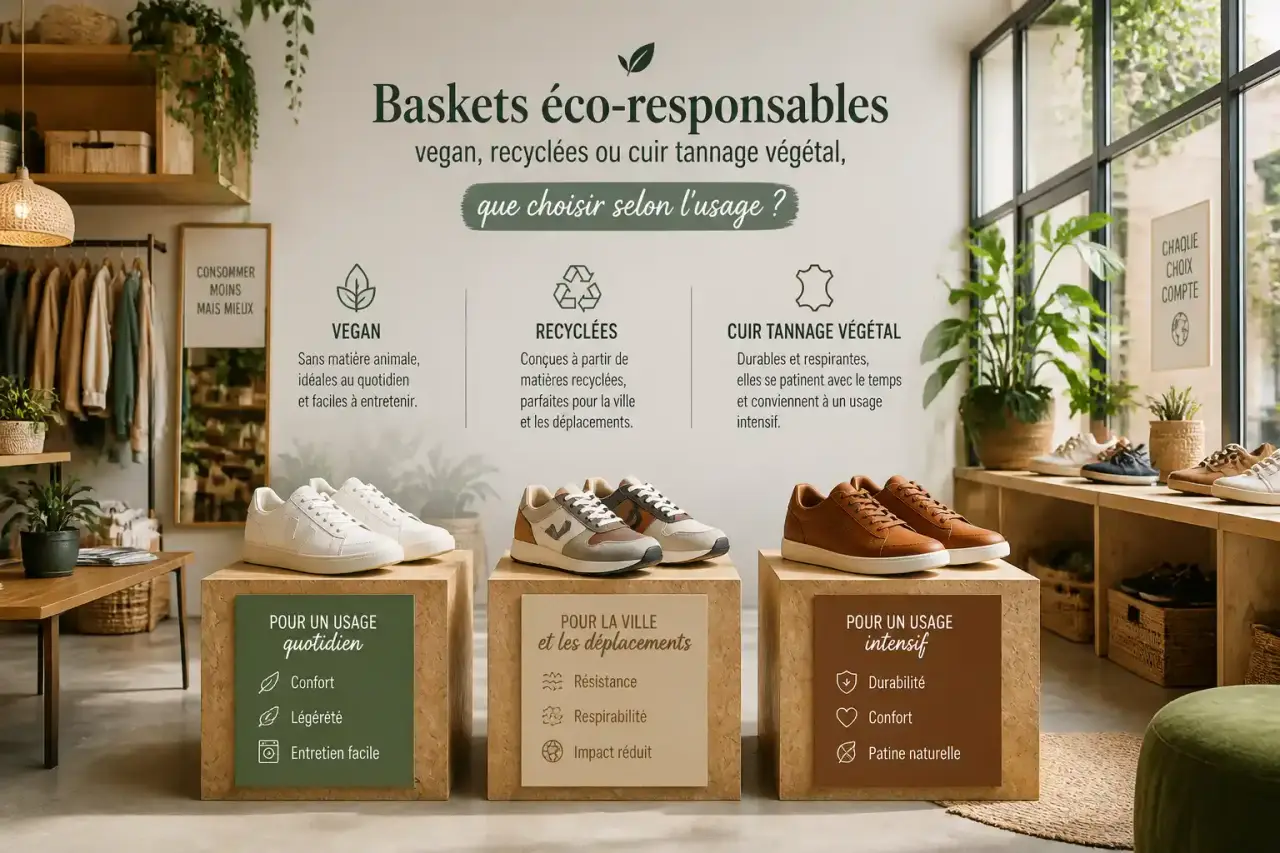 Baskets éco-responsables : vegan, recyclées ou cuir tannage végétal, que choisir selon l’usage ?