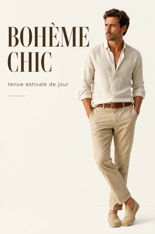 Style bohème chic pour homme : tenue estivale élégante avec chemise en lin, chino sable et accessoires naturels