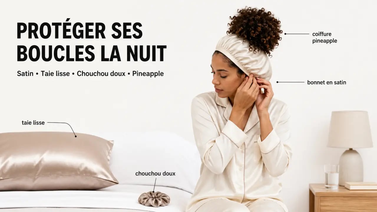 Accessoires boucles cheveux pour protéger les boucles la nuit avec bonnet en satin et chouchou doux