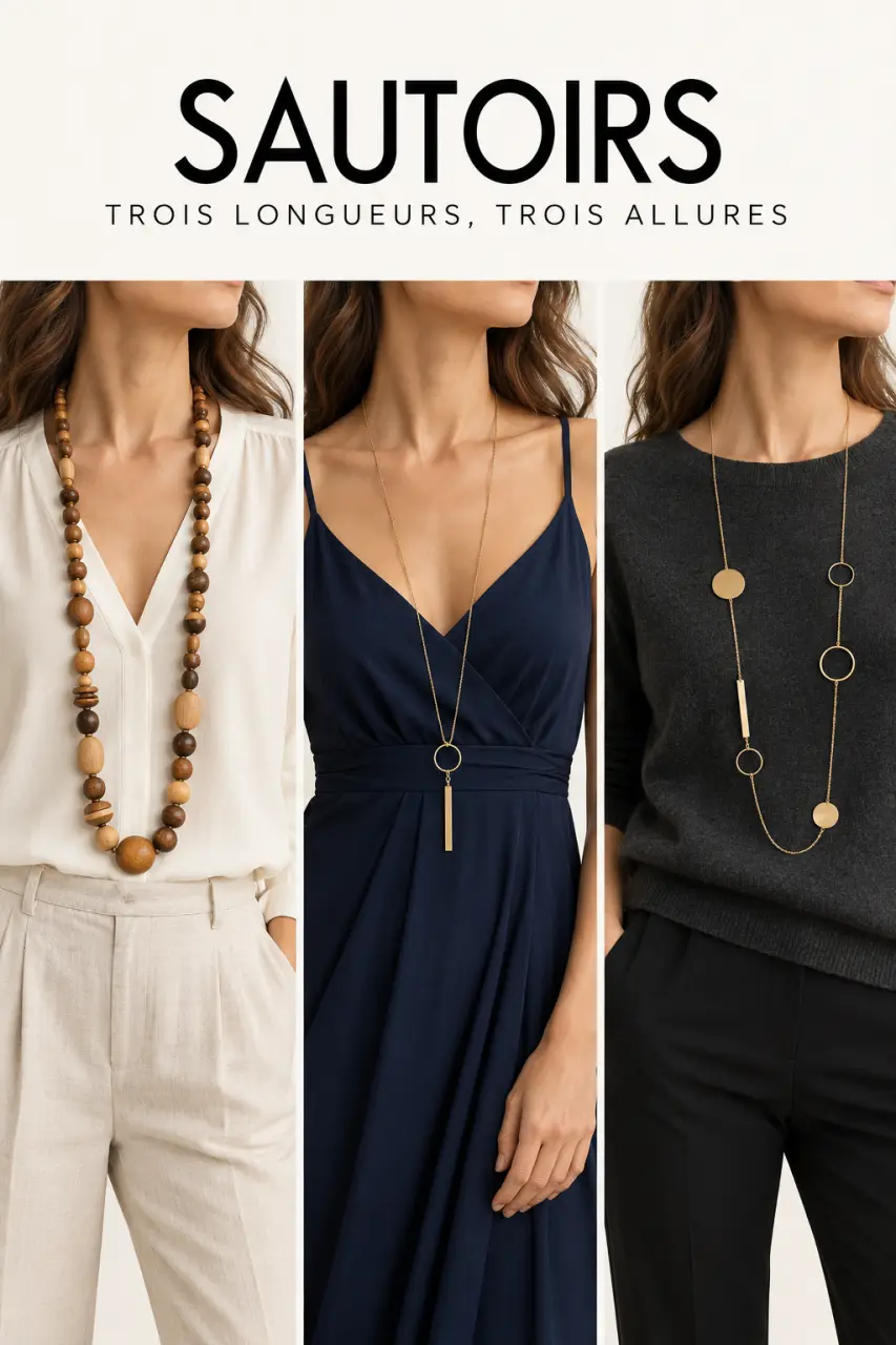 Sautoir fantaisie pour femme porté avec une blouse, une robe et un pull