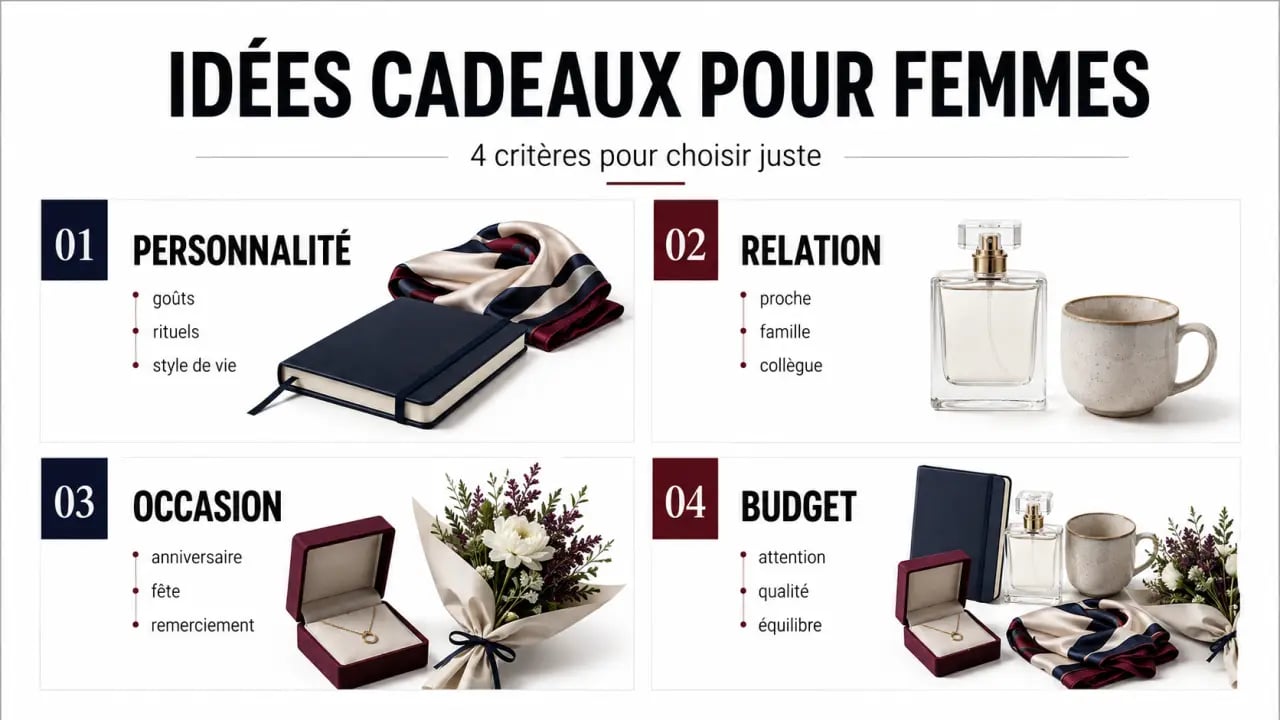 Infographie éditoriale sur les idées cadeaux pour femmes avec critères de choix par personnalité, relation, occasion et budget