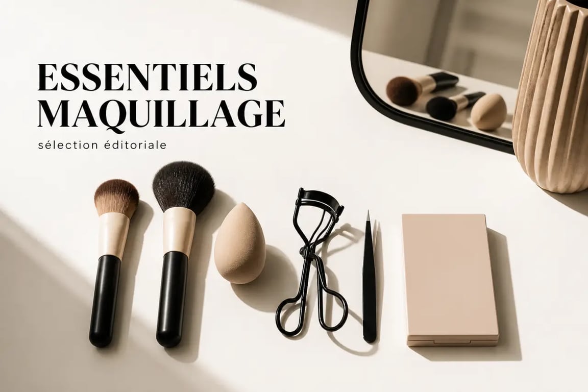 Accessoires beauté pour maquillage avec pinceaux, éponge blender et recourbe-cils