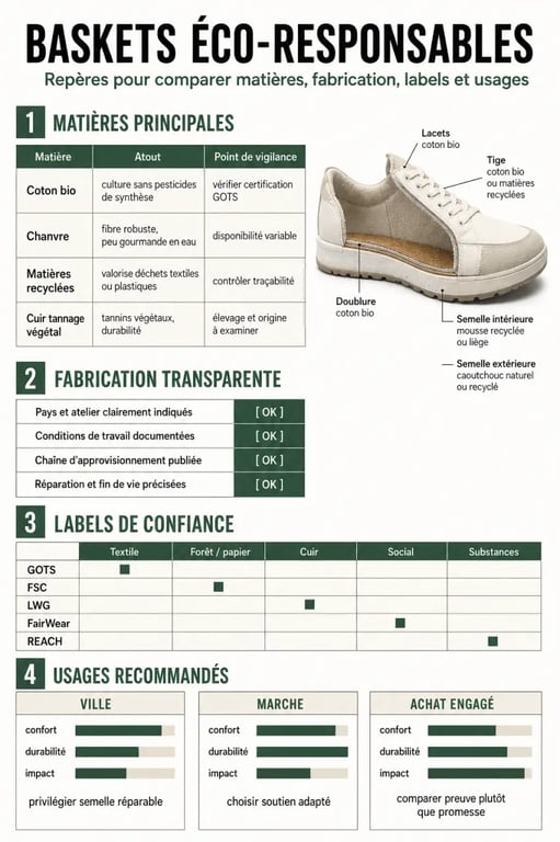 Infographie baskets eco responsables comparant matières, labels et lieux de fabrication