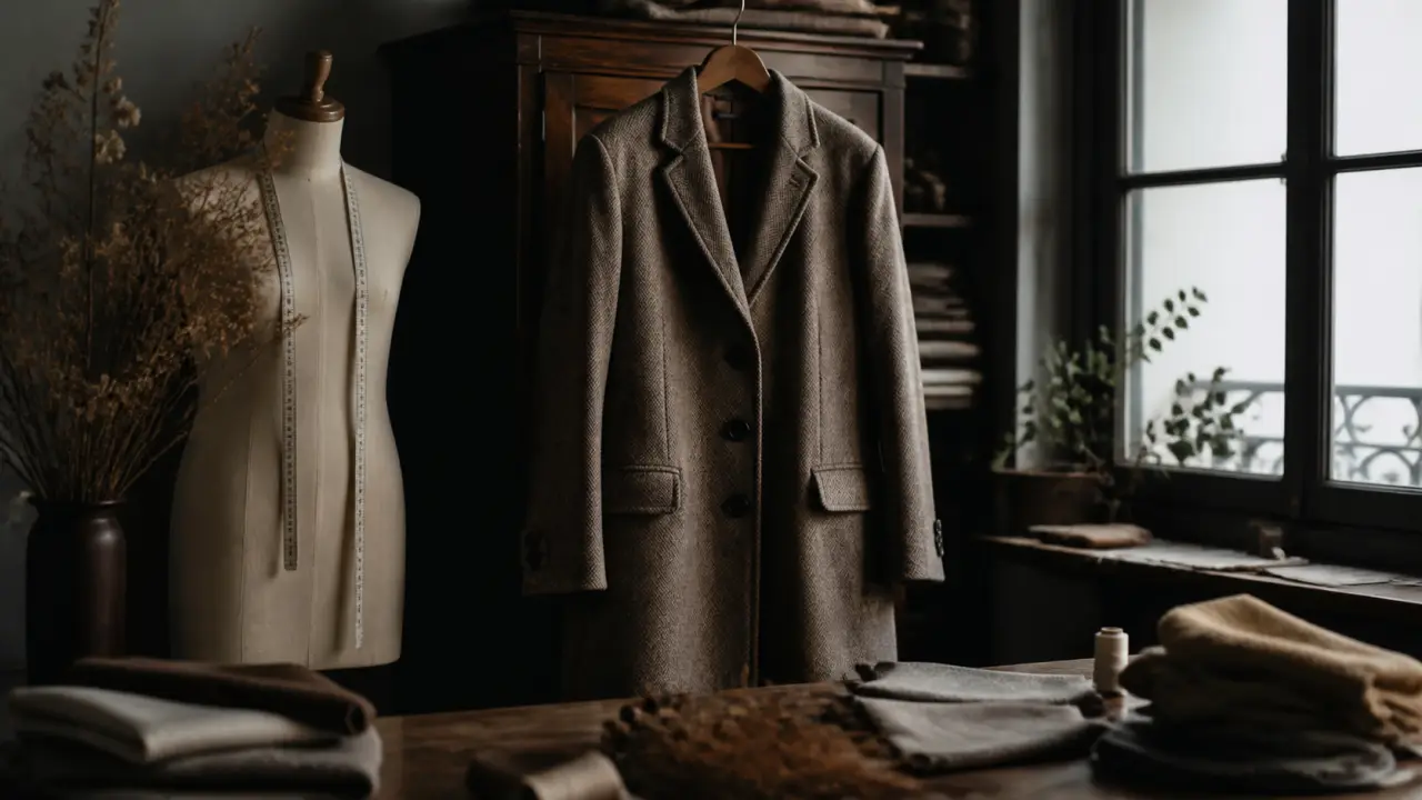 Manteau vintage élégant porté dans une ruelle parisienne, lumière douce et style éditorial